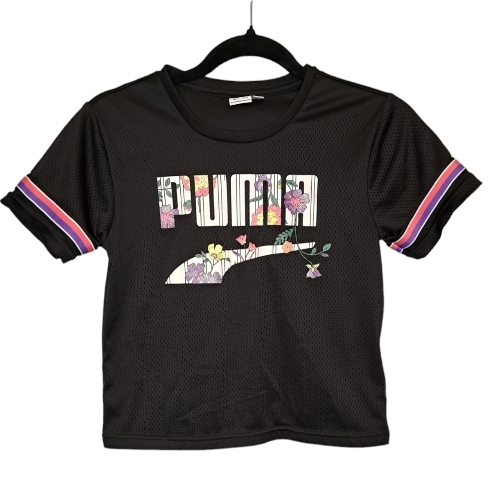 PUMA Girls•Tropical Flower Graphic Mesh T-Shirt•Striped Raglan Sleeves•Med•EUC•